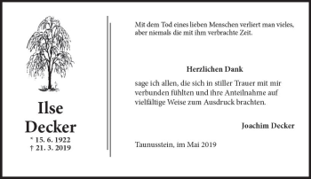 Traueranzeige von Ilse Decker von vrm-trauer