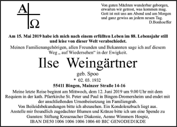 Traueranzeige von Ilse Weingärtner von vrm-trauer