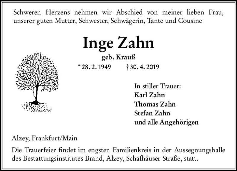  Traueranzeige für Inge Zahn vom 04.05.2019 aus vrm-trauer