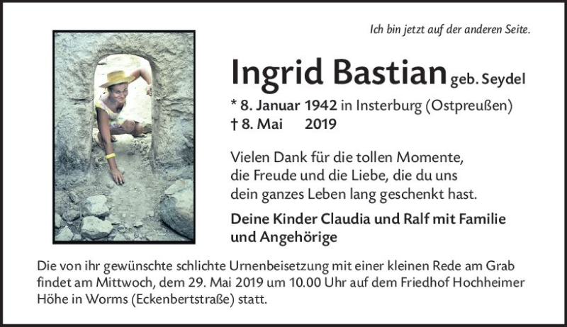  Traueranzeige für Ingrid Bastian vom 25.05.2019 aus vrm-trauer