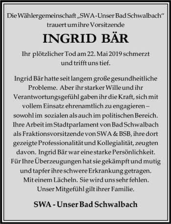 Traueranzeige von Ingrid Bär von vrm-trauer
