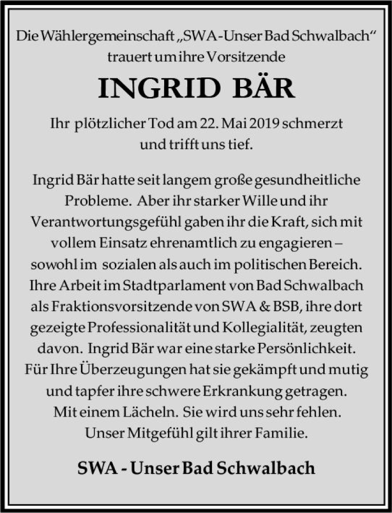  Traueranzeige für Ingrid Bär vom 28.05.2019 aus vrm-trauer