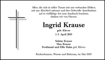 Traueranzeige von Ingrid Krause von vrm-trauer