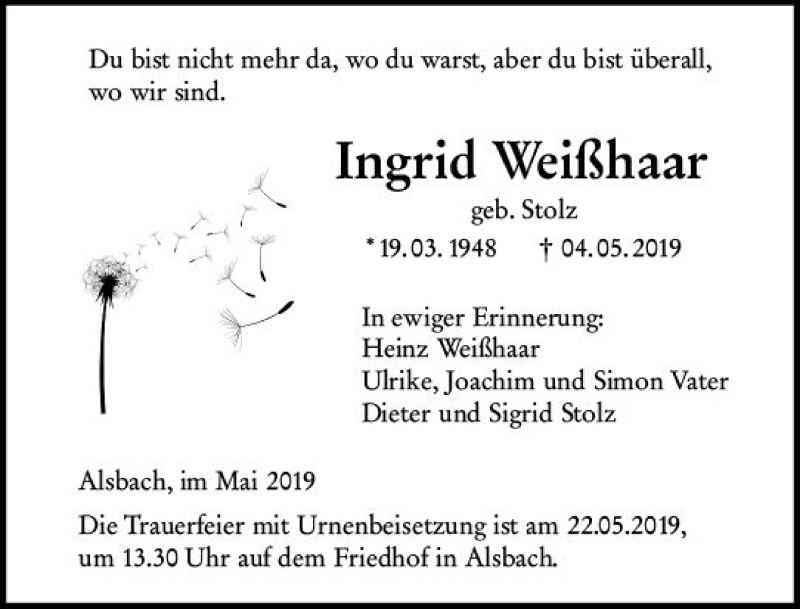  Traueranzeige für Ingrid Weißhaar vom 18.05.2019 aus vrm-trauer