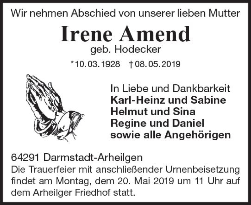  Traueranzeige für Irene Amend vom 11.05.2019 aus vrm-trauer