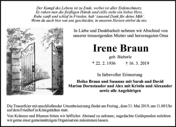 Traueranzeige von Irene Braun von vrm-trauer