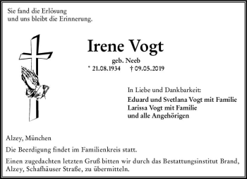 Traueranzeige von Irene Vogt von vrm-trauer