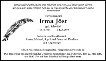 Traueranzeige von Irma Jöst von vrm-trauer