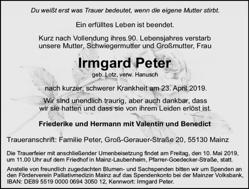 Traueranzeige für Irmgard Peter vom 04.05.2019 aus vrm-trauer