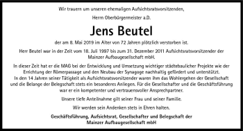 Traueranzeige von Jens Beutel von vrm-trauer