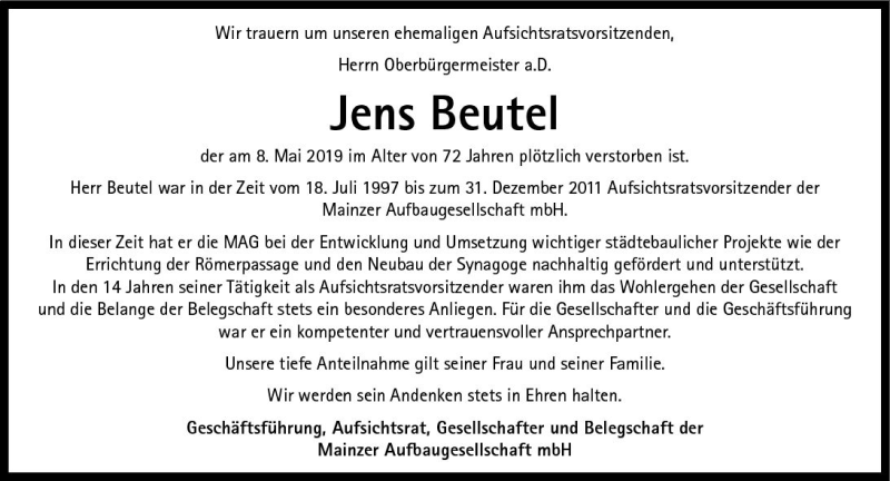  Traueranzeige für Jens Beutel vom 15.05.2019 aus vrm-trauer