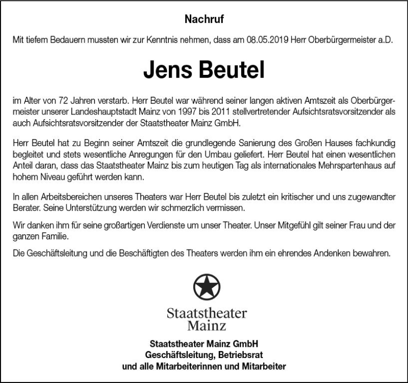  Traueranzeige für Jens Beutel vom 15.05.2019 aus vrm-trauer