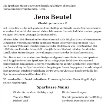 Traueranzeige von Jens Beutel von vrm-trauer