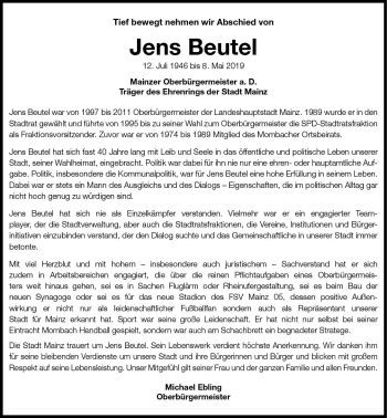 Traueranzeige von Jens Beutel von vrm-trauer
