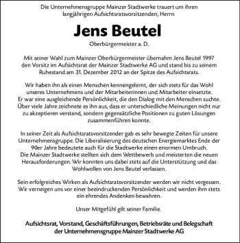 Traueranzeige von Jens Beutel von vrm-trauer