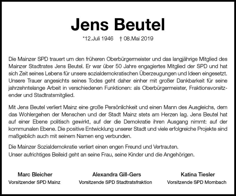  Traueranzeige für Jens Beutel vom 15.05.2019 aus vrm-trauer
