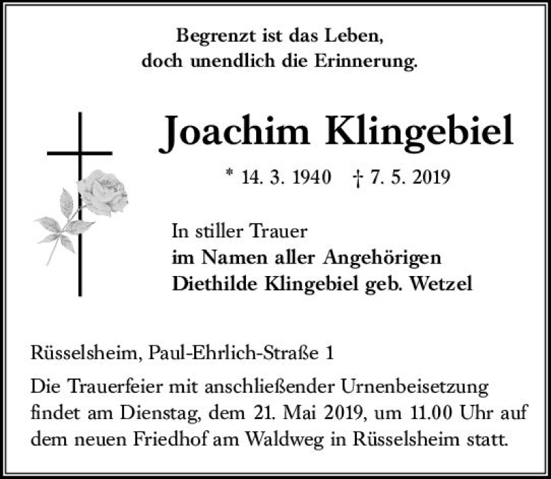  Traueranzeige für Joachim Klingebiel vom 18.05.2019 aus vrm-trauer
