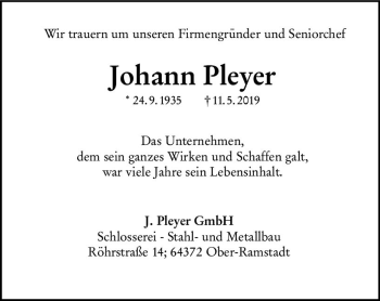 Traueranzeige von Johann Pleyer von vrm-trauer