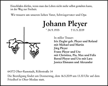 Traueranzeige von Johann Pleyer von vrm-trauer