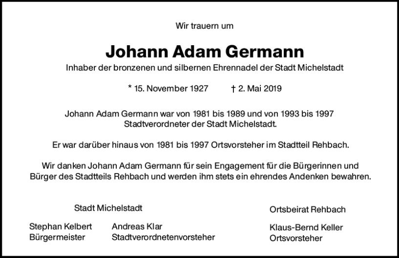  Traueranzeige für Johann Adam Germann vom 11.05.2019 aus vrm-trauer