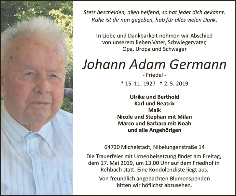  Traueranzeige für Johann Adam Germann vom 11.05.2019 aus vrm-trauer