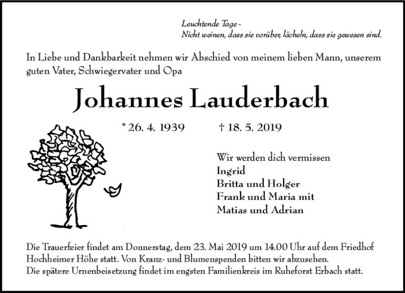  Traueranzeige für Johannes Lauderbach vom 21.05.2019 aus vrm-trauer