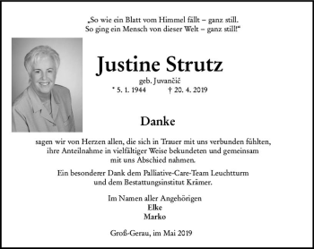 Traueranzeige von Justine Strutz von vrm-trauer
