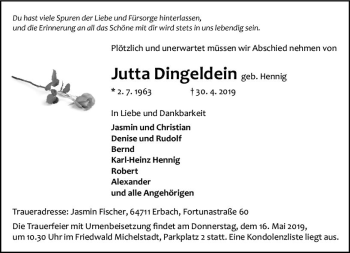 Traueranzeige von Jutta Dingeldein von vrm-trauer