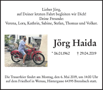 Traueranzeige von Jörg Haida von vrm-trauer