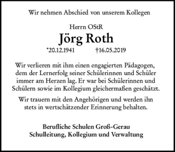 Traueranzeige von Jörg Roth von vrm-trauer