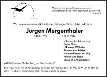 Traueranzeige von Jürgen Mergenthaler von vrm-trauer
