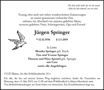 Traueranzeige von Jürgen Springer von vrm-trauer