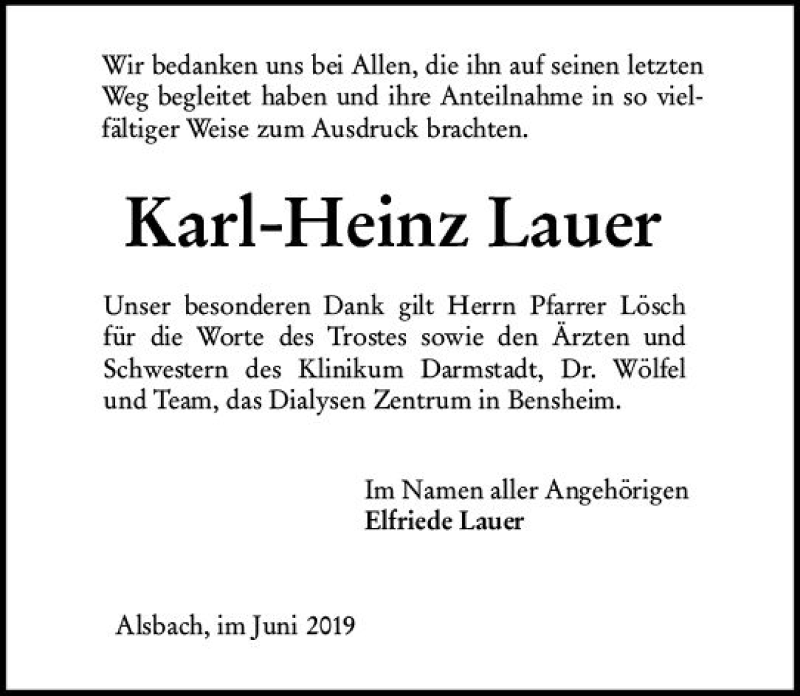  Traueranzeige für Karl-Heinz Lauer vom 01.06.2019 aus vrm-trauer