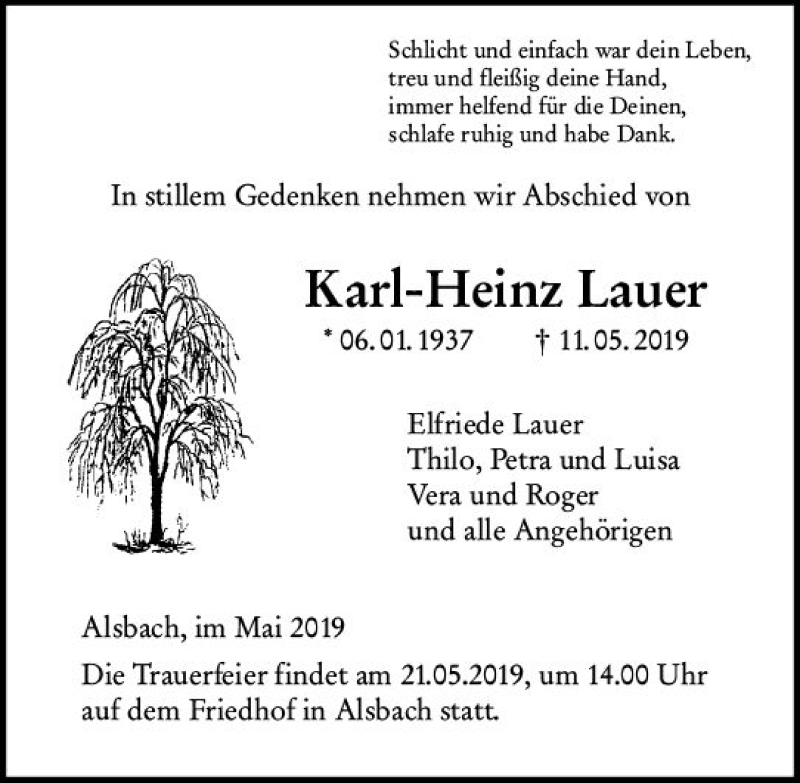  Traueranzeige für Karl-Heinz Lauer vom 18.05.2019 aus vrm-trauer
