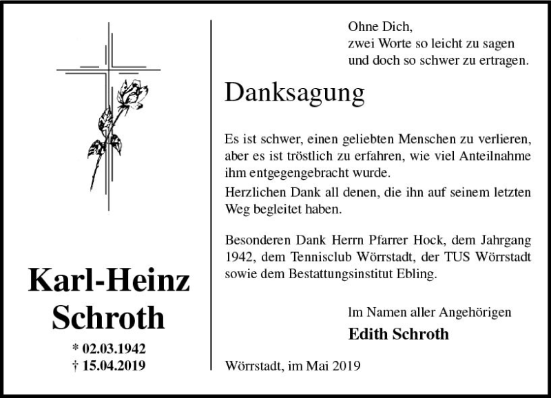  Traueranzeige für Karl-Heinz Schroth vom 25.05.2019 aus vrm-trauer