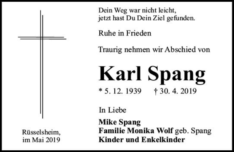 Traueranzeige für Karl Spang vom 04.05.2019 aus vrm-trauer