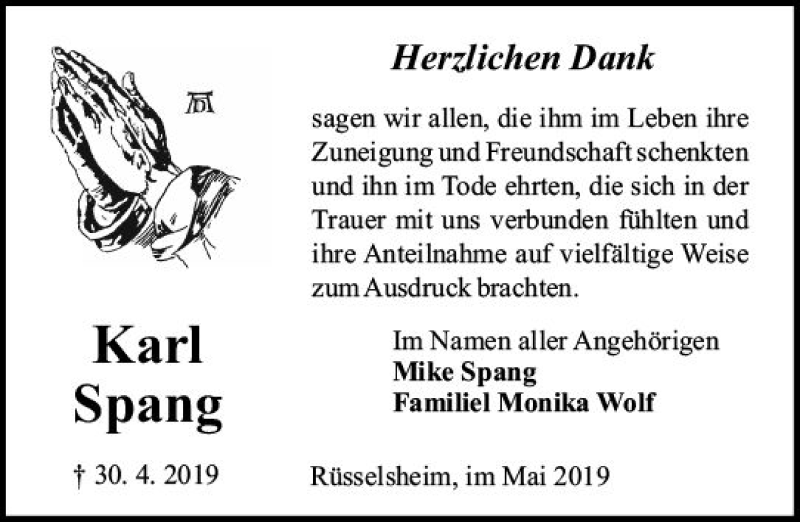  Traueranzeige für Karl Spang vom 18.05.2019 aus vrm-trauer