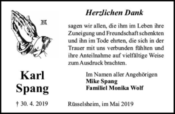Traueranzeige von Karl Spang von vrm-trauer