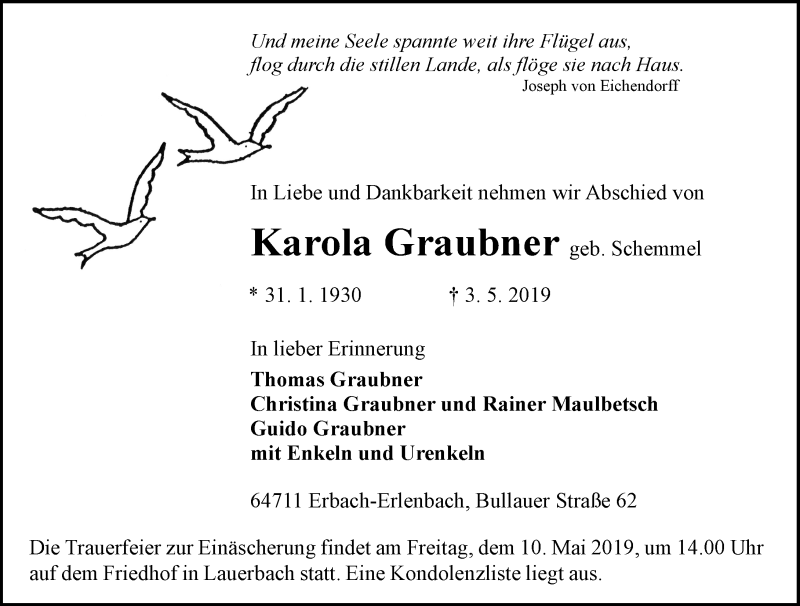  Traueranzeige für Karola Graubner vom 08.05.2019 aus vrm-trauer