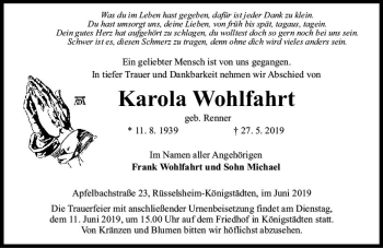 Traueranzeige von Karola Wohlfahrt von vrm-trauer