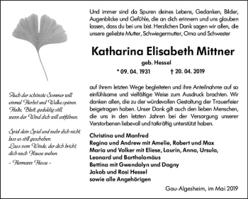 Traueranzeige von Katharina Elisabeth Mittner von vrm-trauer