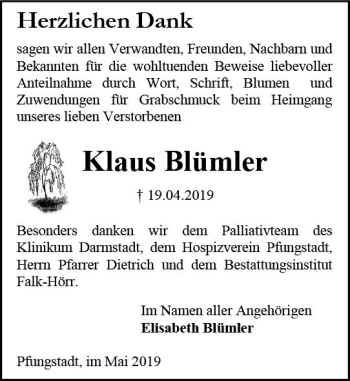 Traueranzeige von Klaus Blümler von vrm-trauer