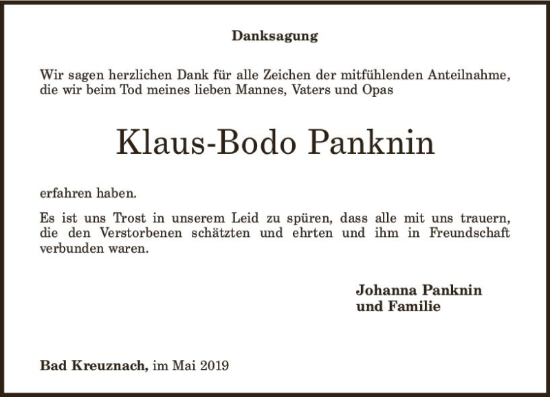  Traueranzeige für Klaus-Bodo Panknin vom 11.05.2019 aus vrm-trauer