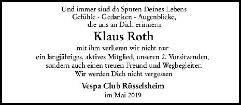  Traueranzeige für Klaus Roth vom 25.05.2019 aus vrm-trauer