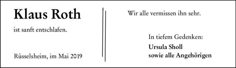  Traueranzeige für Klaus Roth vom 18.05.2019 aus vrm-trauer