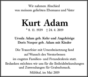 Traueranzeige von Kurt Adam von vrm-trauer