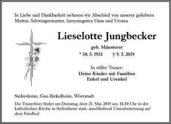 Traueranzeige von Lieselotte Jungbecker von vrm-trauer