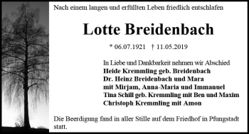 Traueranzeige von Lotte Breidenbach von vrm-trauer