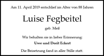 Traueranzeige von Luise Fegbeitel von vrm-trauer