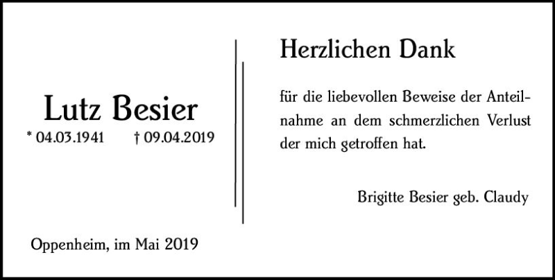 Traueranzeige für Lutz Besier vom 04.05.2019 aus vrm-trauer
